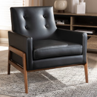 Baxton Studio BBT8042-Black-CC Perris Mid-Century Modern Black Faux Leather Upholstered Walnut Wood Lounge Chair
